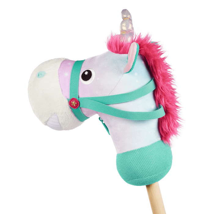 green and pink unicorn hobby horse with wooden riding pole