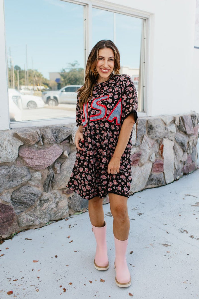 USA Floral Tee Dress - Macoma Boutique250 Dresses