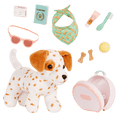 Our Generation Vacay Poseable Dalmatian Plush Dog and accessories including passport, sunglasses, travel items and carry case for accessories