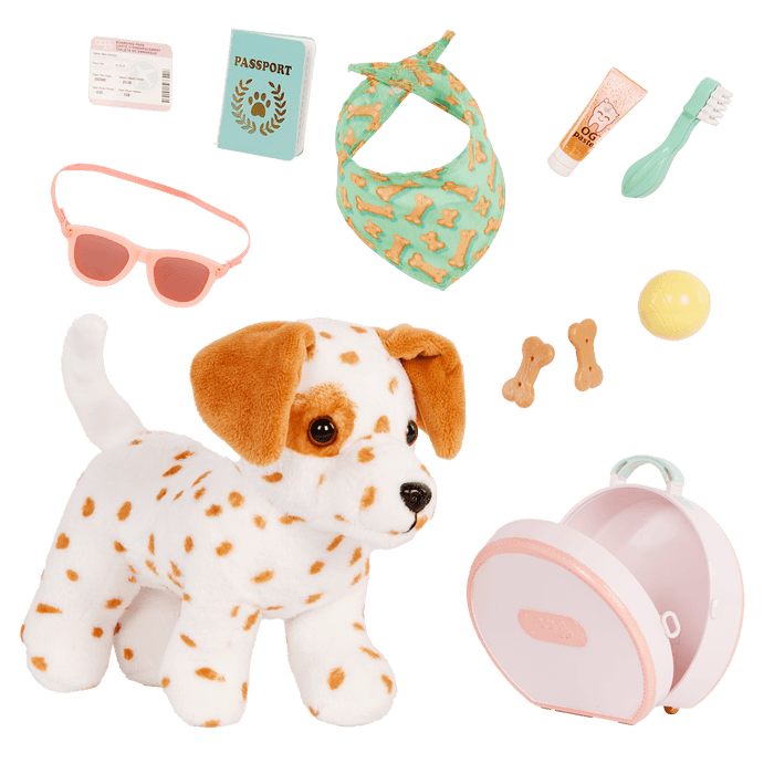 Our Generation Vacay Poseable Dalmatian Plush Dog and accessories including passport, sunglasses, travel items and carry case for accessories