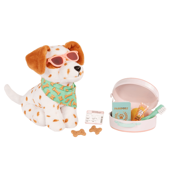 Our Generation Vacay Poseable Dalmatian Plush Dog and accessories including passport, sunglasses, travel items and carry case for accessories