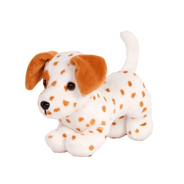 Our Generation Vacay Poseable Dalmatian Plush Dog and accessories including passport, sunglasses, travel items and carry case for accessories