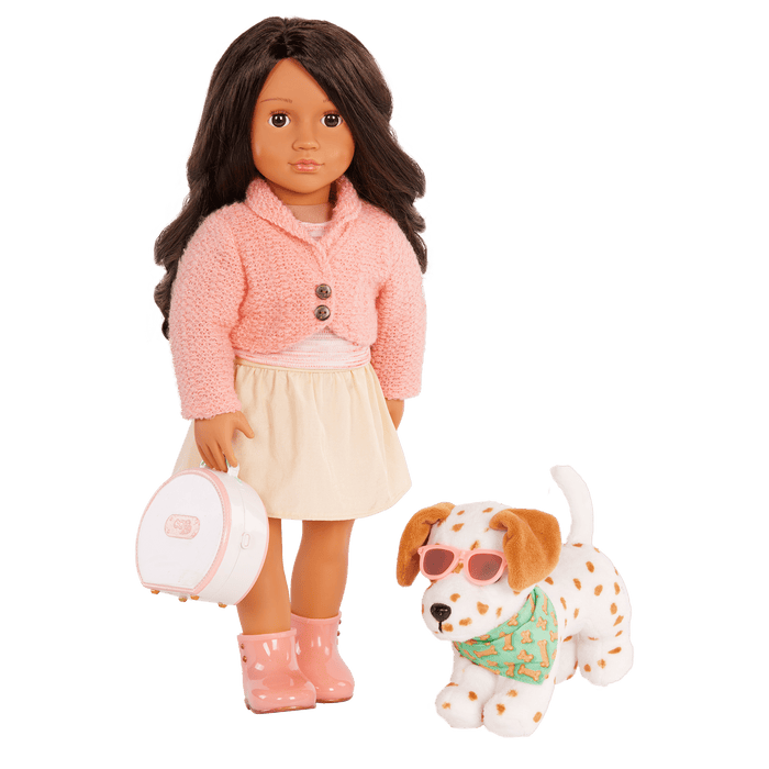 Our Generation Vacay Poseable Dalmatian Plush Dog and accessories including passport, sunglasses, travel items and carry case for accessories