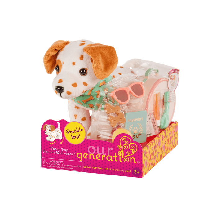 Our Generation Vacay Poseable Dalmatian Plush Dog and accessories including passport, sunglasses, travel items and carry case for accessories