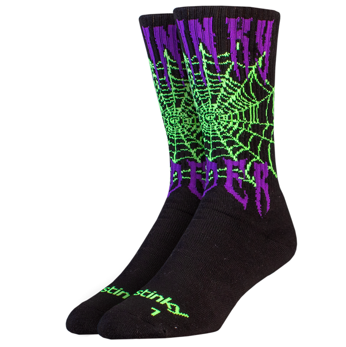 Black socks with green and purple spider web design on a white background