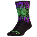 Black socks with green and purple spider web design on a white background