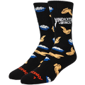 Black socks with winged food illustrations on a white background
