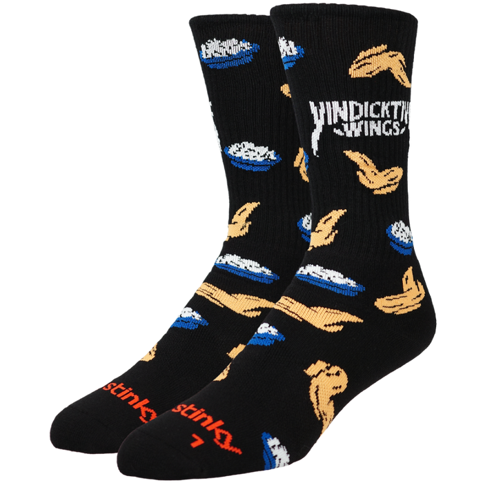 Black socks with winged food illustrations on a white background