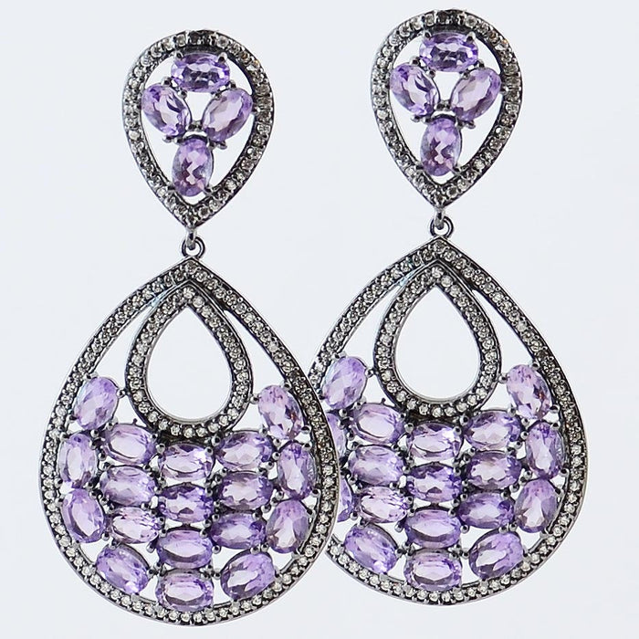 Violet Amethyst Silver Earrings Purple Pear Shaped Dangle Design Handcrafted - KashmirDesigns