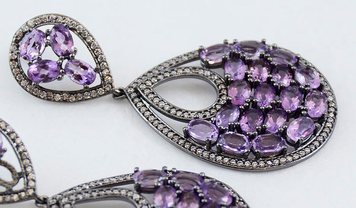 Violet Amethyst Silver Earrings Purple Pear Shaped Dangle Design Handcrafted - KashmirDesigns