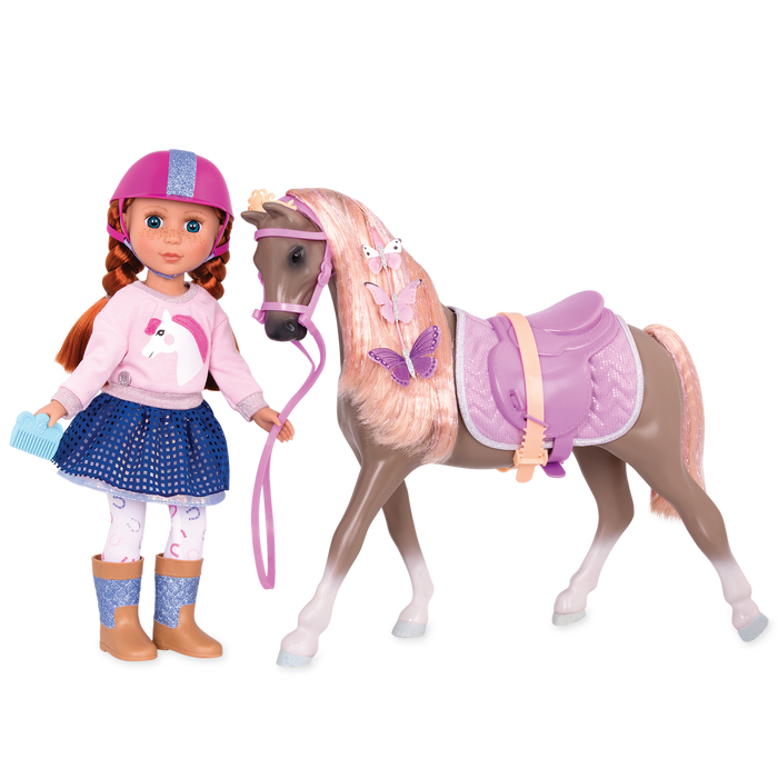 Light brown and peach horse with saddle and accessories