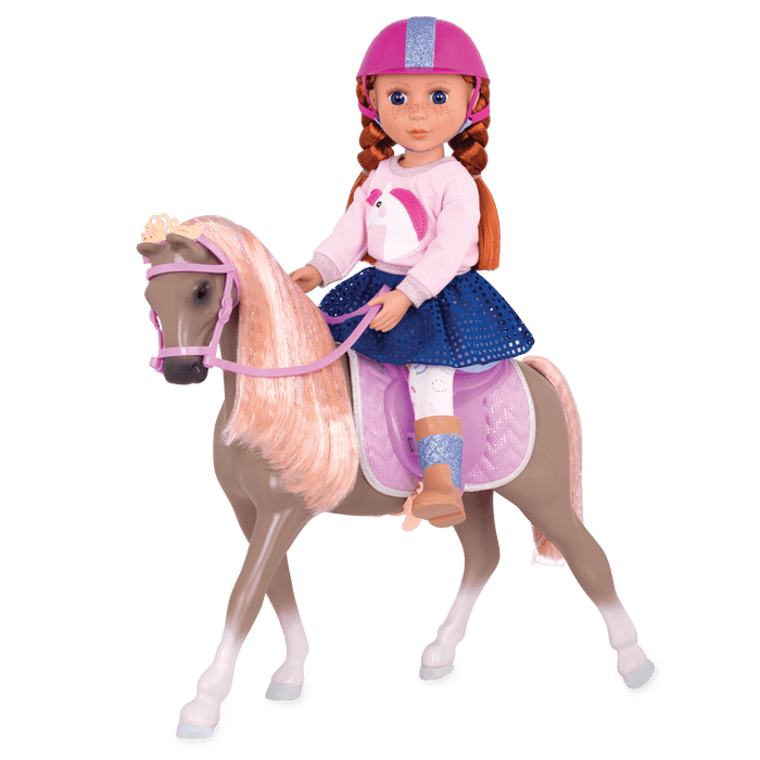 Light brown and peach horse with saddle and accessories