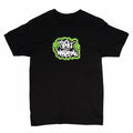 Black t-shirt with green and white graphic design on a light gray background