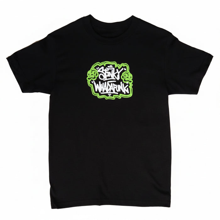 Black t-shirt with green and white graphic design on a light gray background