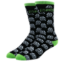A pair of crew socks with a black background, featuring a repeating white and gray cartoon dog face pattern, bright green ribbed cuffs, green toes, and green heels. The word 'STOCK' is printed in green and white near the top.