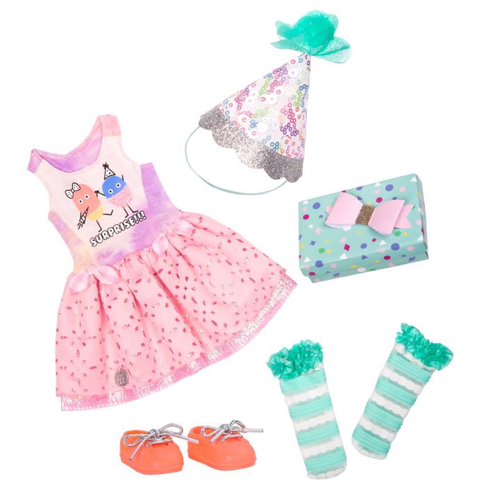 Surprise birthday outfit with gift for 14-inch doll