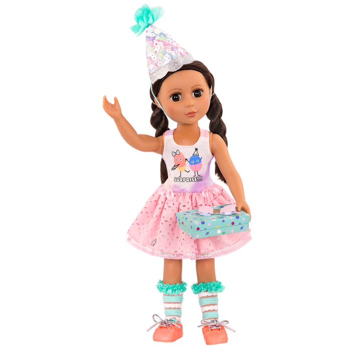 Surprise birthday outfit with gift for 14-inch doll
