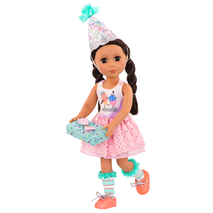 Surprise birthday outfit with gift for 14-inch doll