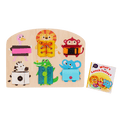 Booklet and basic skills board with animal illustrations and fasteners.