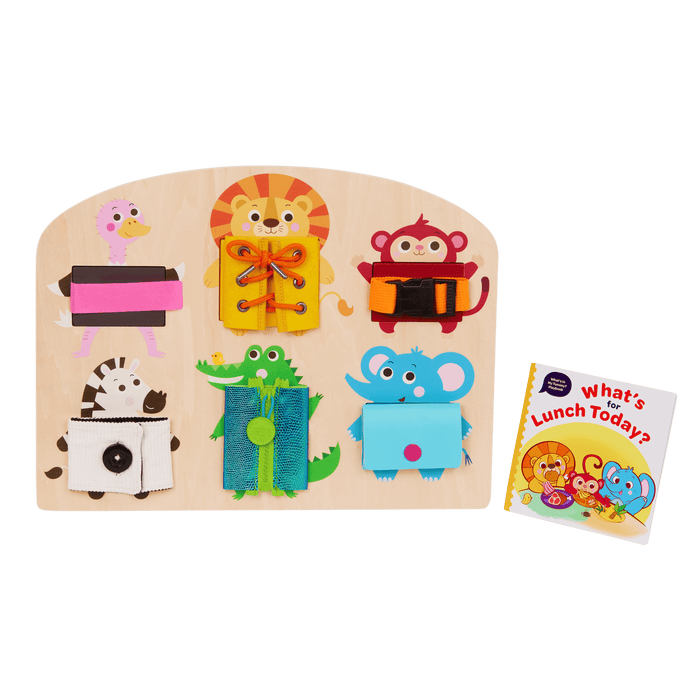 Booklet and basic skills board with animal illustrations and fasteners.