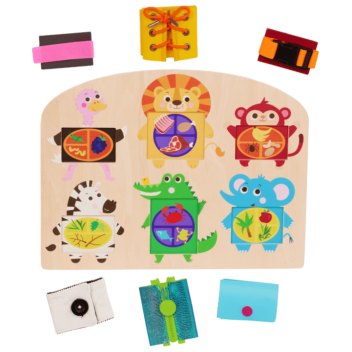 Booklet and basic skills board with animal illustrations and fasteners.