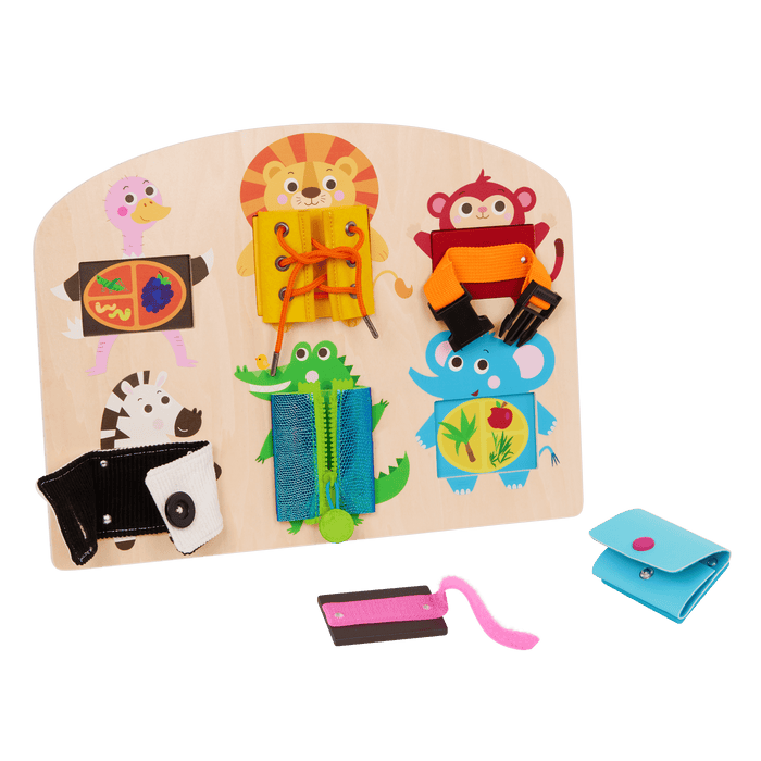 Booklet and basic skills board with animal illustrations and fasteners.