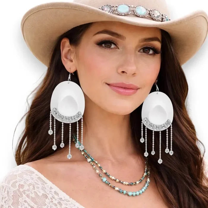 Wild West Glam Cowgirl Hat Earrings fish hook pink or white with rhinestone fringe dangle western disco style