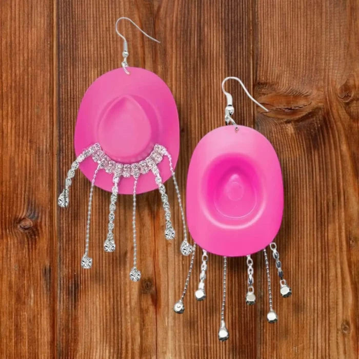 Wild West Glam Cowgirl Hat Earrings fish hook pink or white with rhinestone fringe dangle western disco style