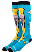 Pair of socks with cartoon chicken design on a blue background