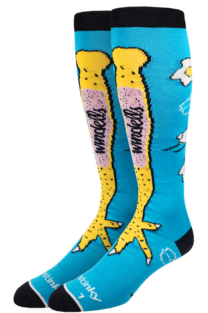 Pair of socks with cartoon chicken design on a blue background