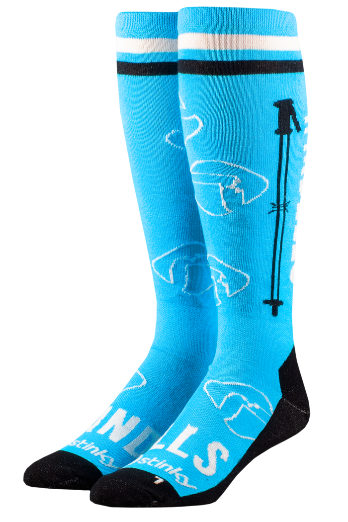 Blue ski-themed socks with white and black designs on a white background