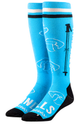 Blue ski-themed socks with white and black designs on a white background