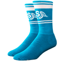 Pair of blue socks with white stripes and logo on a white background