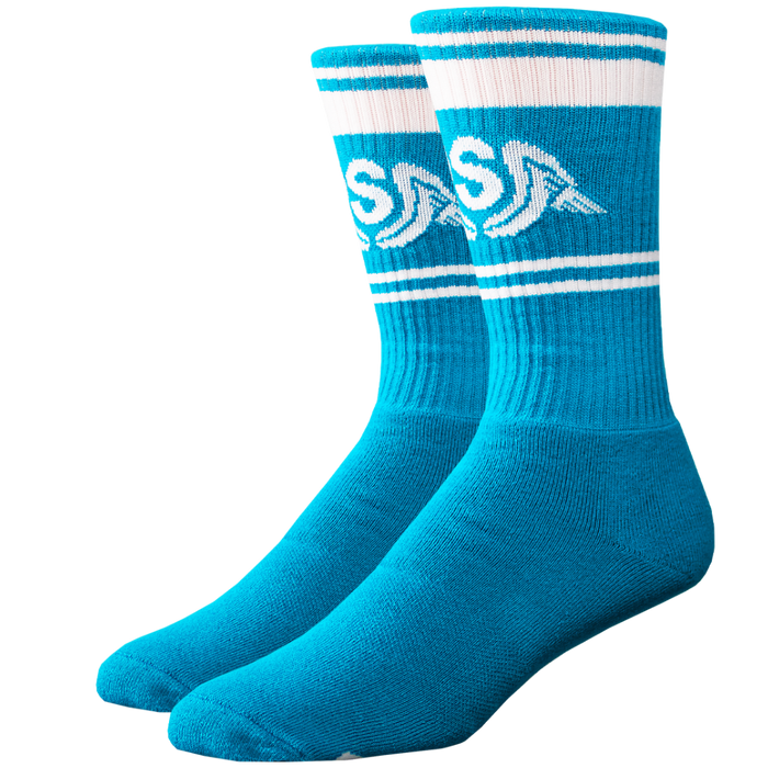Pair of blue socks with white stripes and logo on a white background