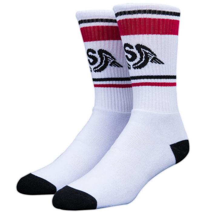 White socks with red and black accents on a white background