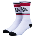 White socks with red and black accents on a white background