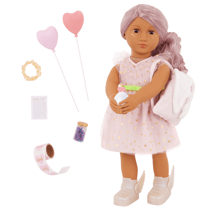 Our Generation 18-inch Doll Wishes with accessories including pretend balloons, stickers, a wish list, sparkles and a back pack