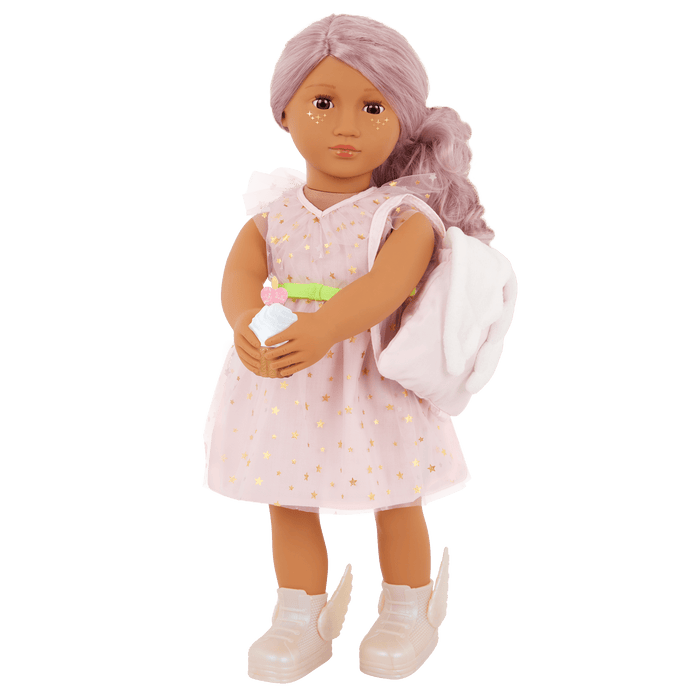 Our Generation 18-inch Doll Wishes with accessories including pretend balloons, stickers, a wish list, sparkles and a back pack