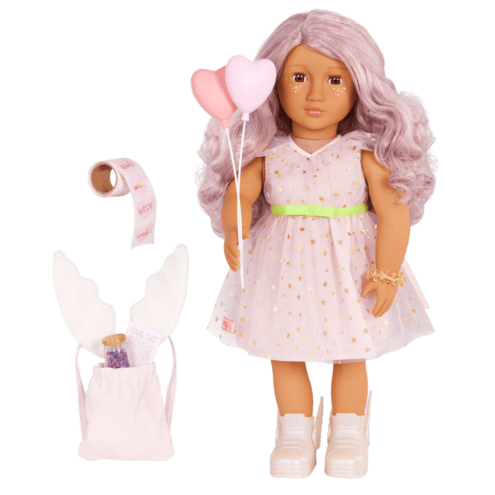 Our Generation 18-inch Doll Wishes with accessories including pretend balloons, stickers, a wish list, sparkles and a back pack