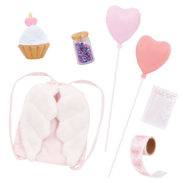 Our Generation 18-inch Doll Wishes with accessories including pretend balloons, stickers, a wish list, sparkles and a back pack