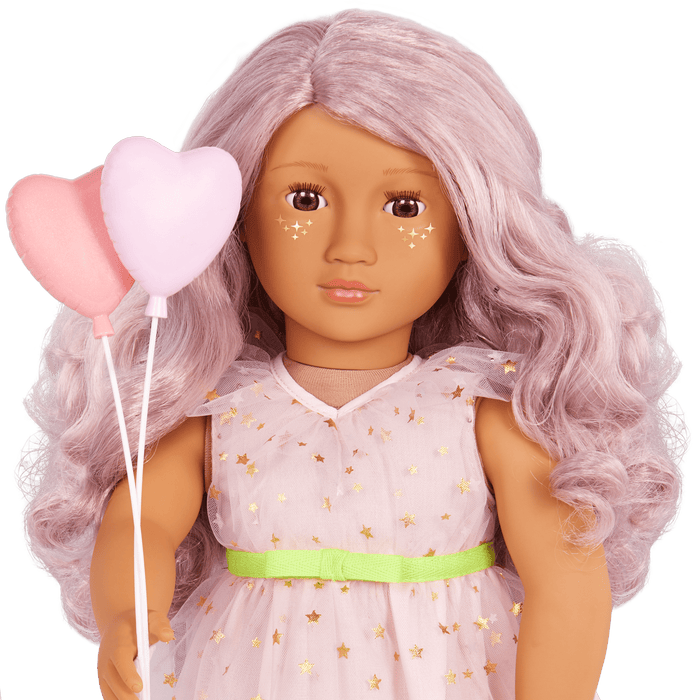 Our Generation 18-inch Doll Wishes with accessories including pretend balloons, stickers, a wish list, sparkles and a back pack