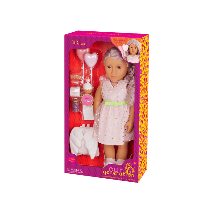 Our Generation 18-inch Doll Wishes with accessories including pretend balloons, stickers, a wish list, sparkles and a back pack