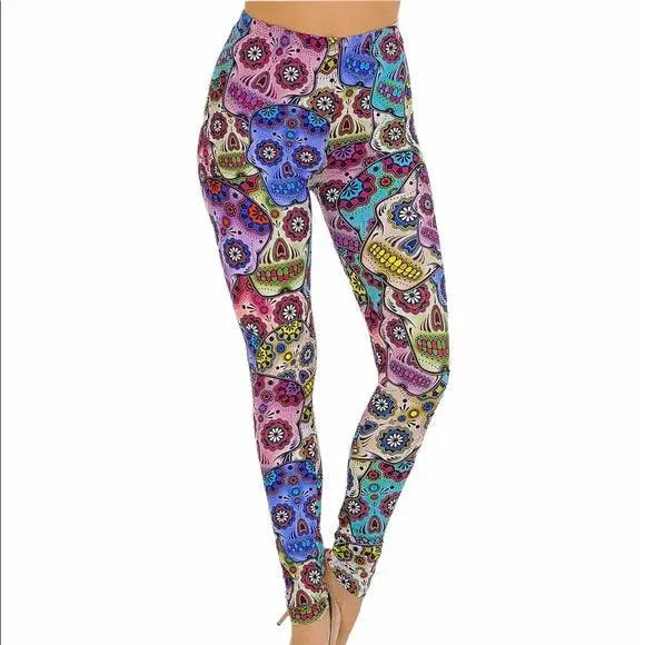 Women’s Colorful Skull Leggings with multicolor print and Halloween style small to plus size 3X