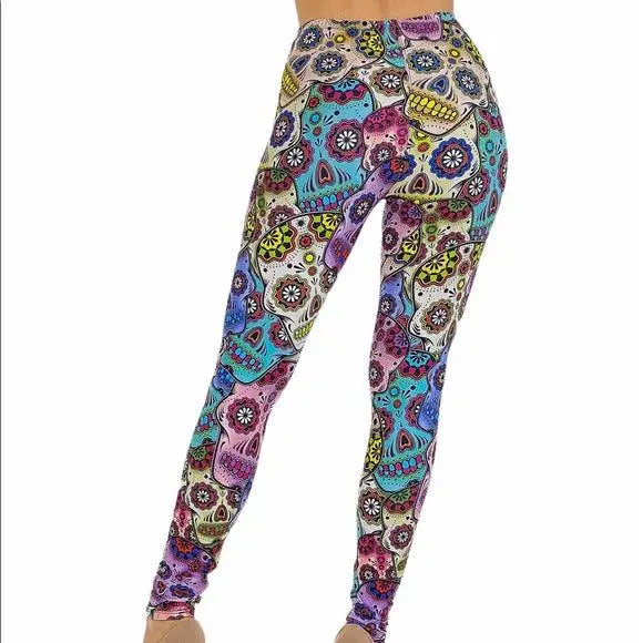 Women’s Colorful Skull Leggings with multicolor print and Halloween style small to plus size 3X