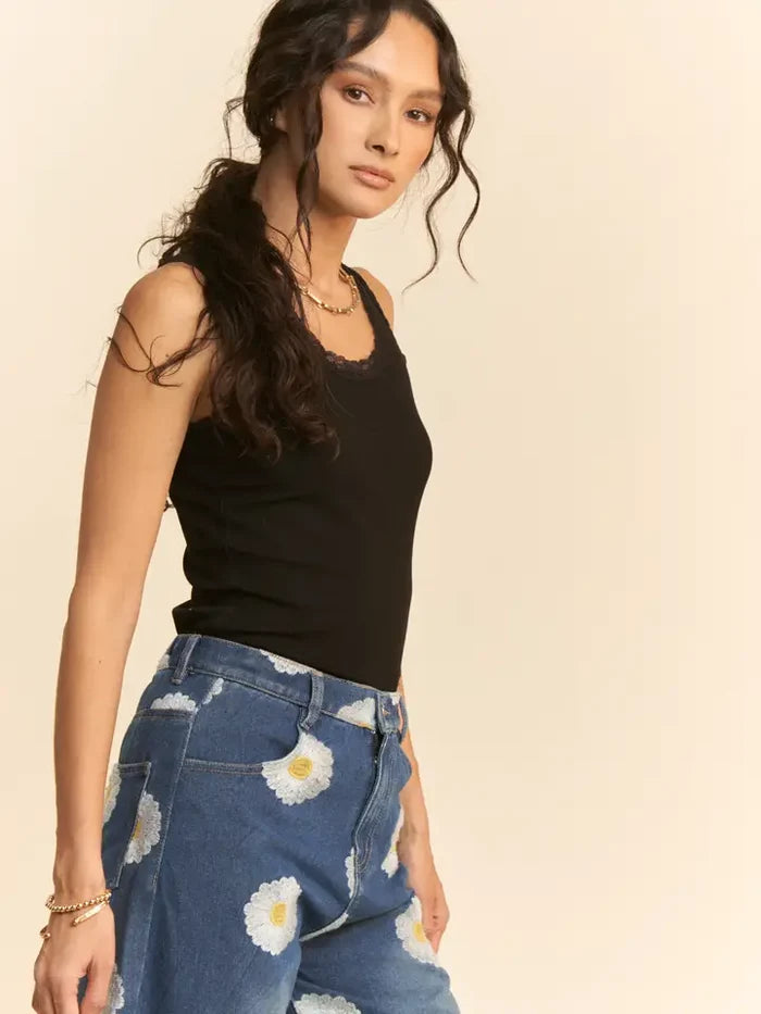Women's Ribbed Lace Trim Tank Top in Black (Available in Regular & Plus Sizes!)