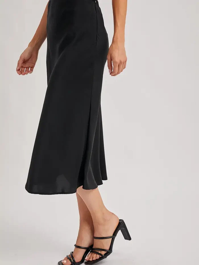 Women's Satin Midi Skirt in Black