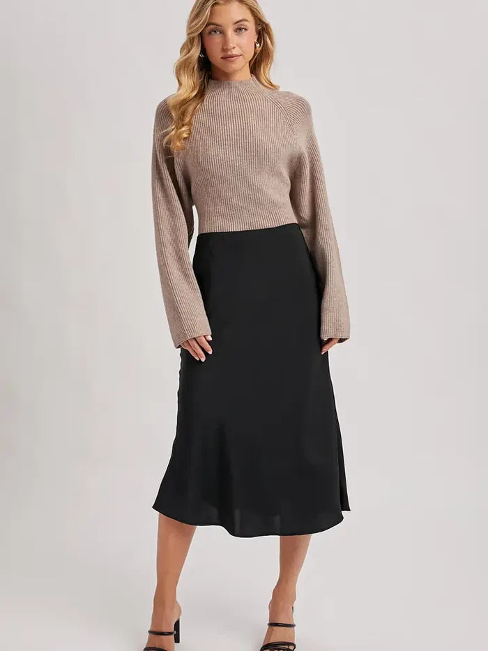 Women's Satin Midi Skirt in Black