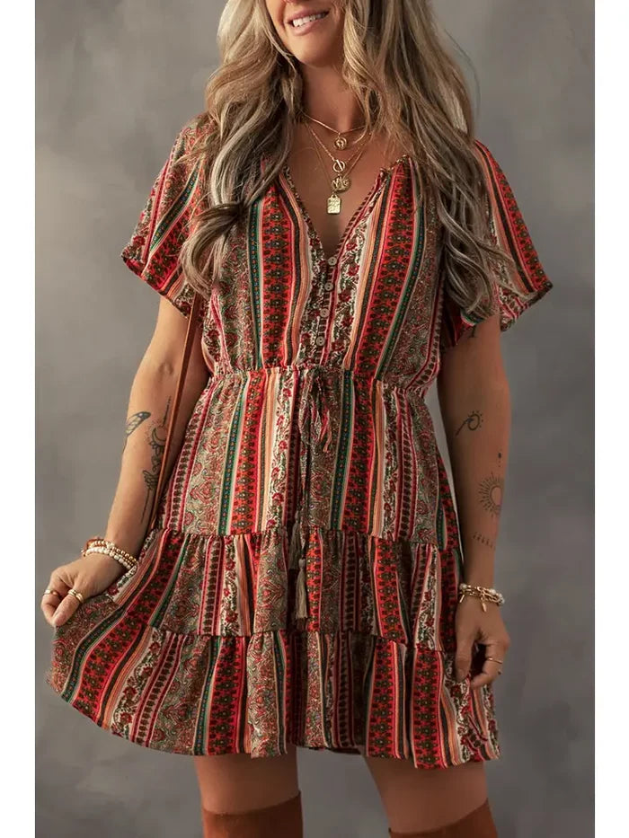 Women's S/S Bohemian Print Tiered Ruffle Mini Dress