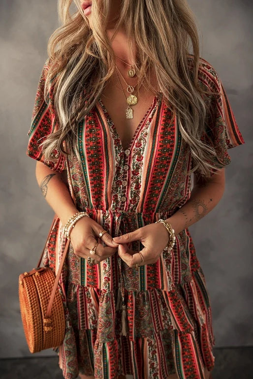 Women's S/S Bohemian Print Tiered Ruffle Mini Dress
