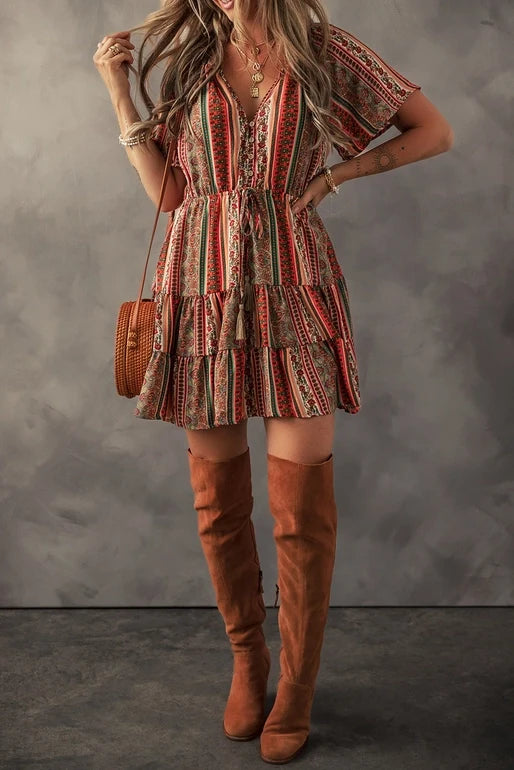 Women's S/S Bohemian Print Tiered Ruffle Mini Dress